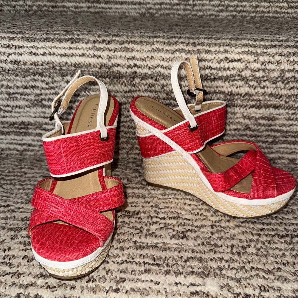 Chinese Laundry Red Canvas Grosgrain Ribbon Ankle Strap Espadrille Wedges